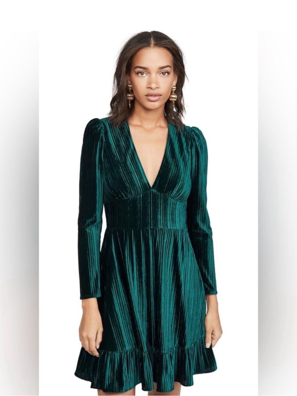 Shoshanna Emerald Green Velvet V-Neck Long Sleeve Dress